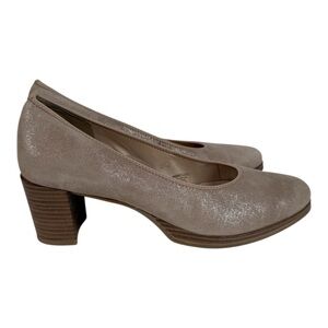 Ara Orly Court HighSoft Metallic Beige Nubuck Leather Block Heel Pumps 9.5
